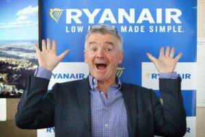 The boss of Ryanair, Michael O’Leary, is inching towards a potential €100m (£86m) bonus that would be among the largest in European corporate history, after the no-frills airline’s shares reached a record high.